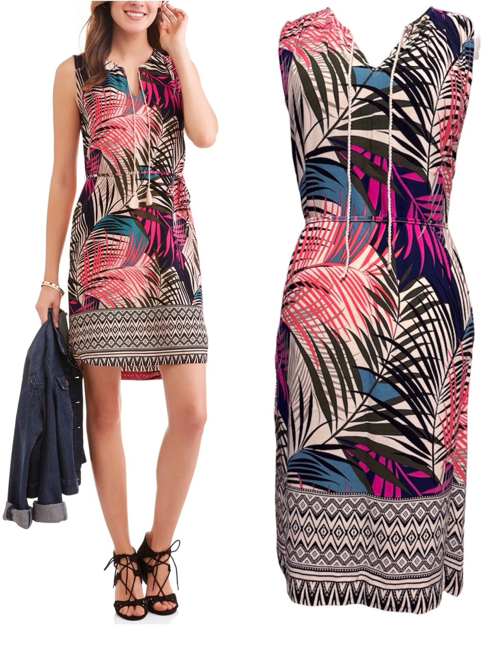 Time and Tru Women's Sleeveless Shift Dress Medium 8-10 V-Neck Belted Tropical